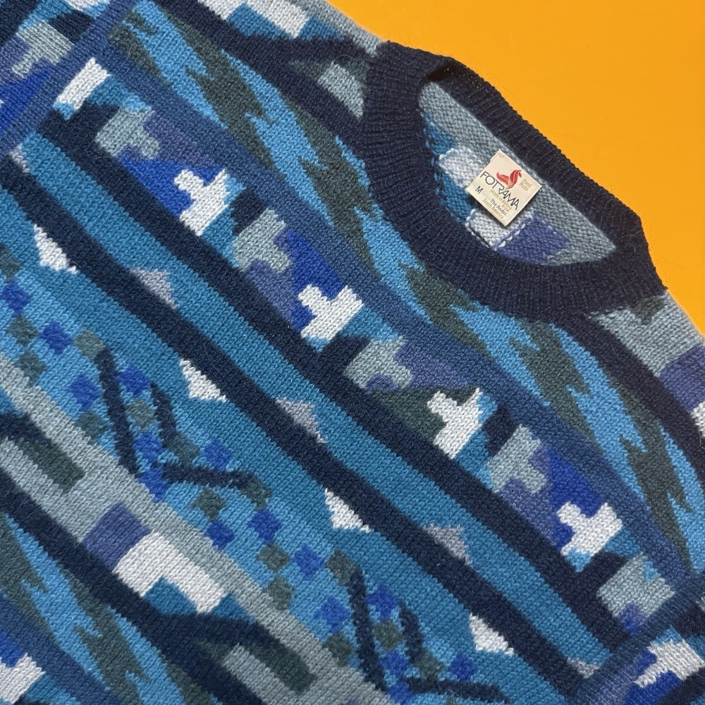 Vintage Fotrama Hand Made Sweater Blue Geometric Alpaca Wool Bolivian Crewneck